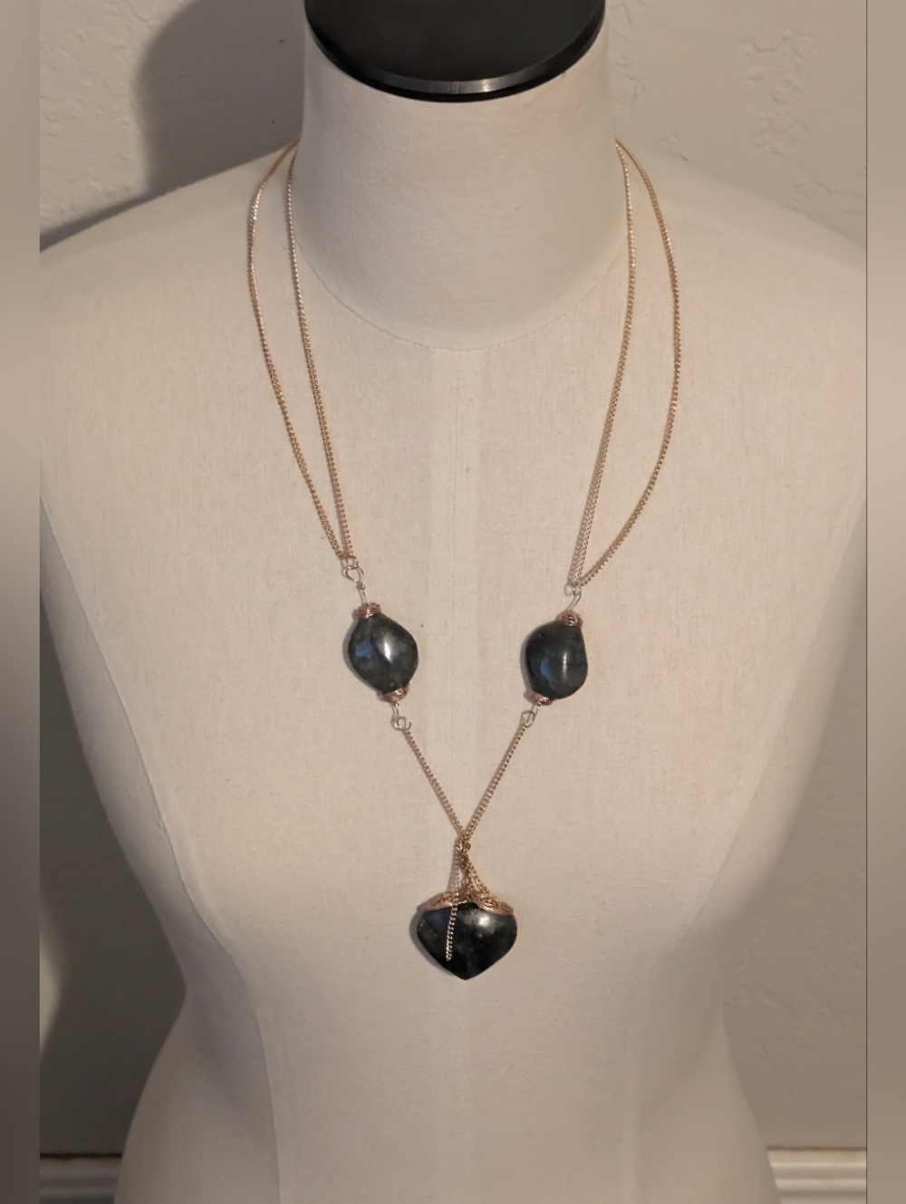 3 Black Obsidian Shaped Stones Copper Wrapped On Gold Chain Handmade